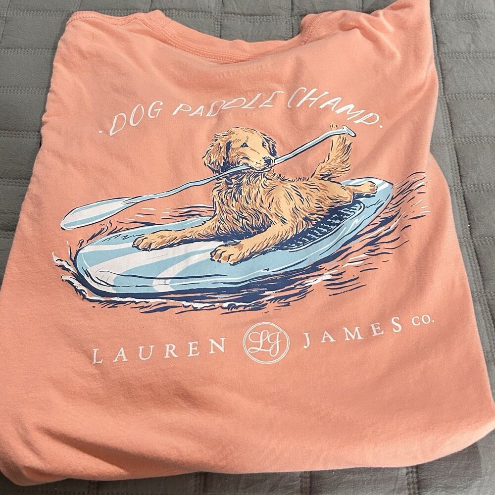 Lauren James Dog Paddle Champ~Front Pocket~Long Sleeve Tee~Size Med Pink Peach